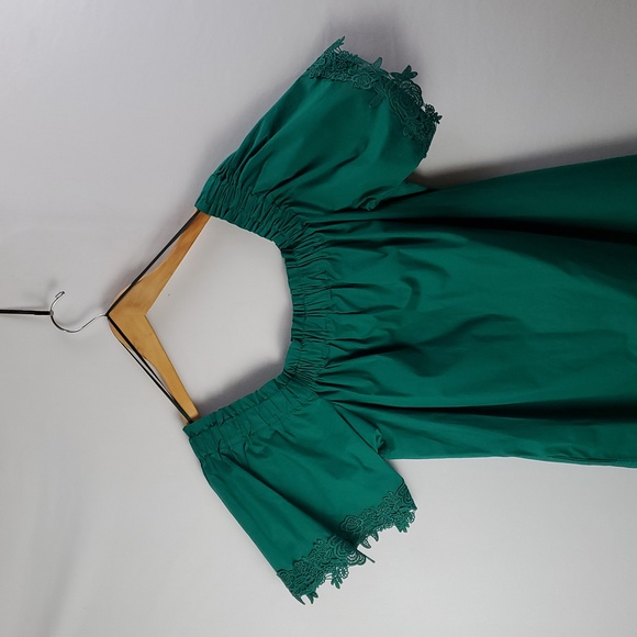 Heyton Emerald Green Embroided Lace Trim Of Shoulder MIDI Dress Sz L Cottagecore - Picture 2 of 14